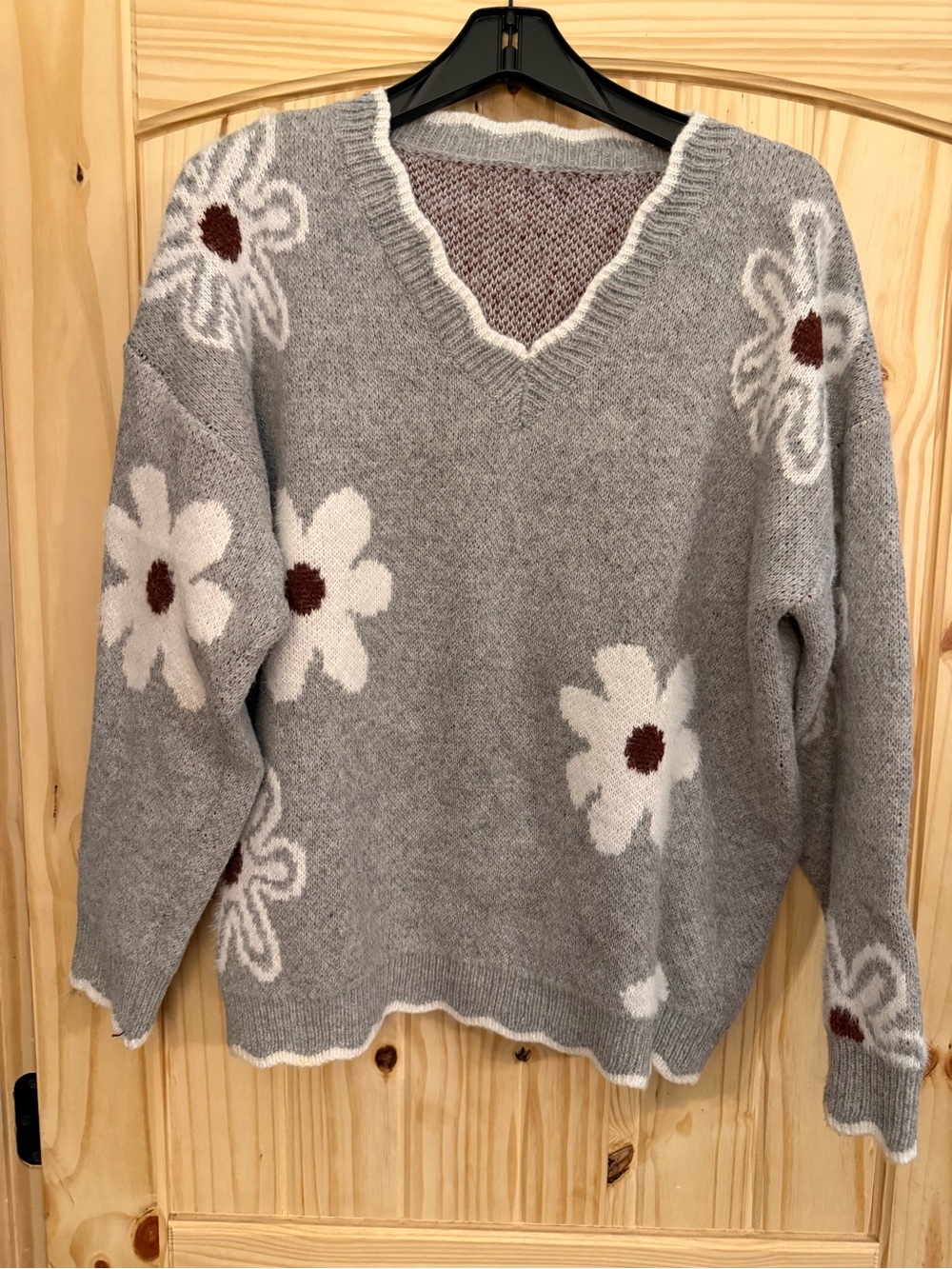 Cozy Gray Flowe power V-Neck Sweater - Women's